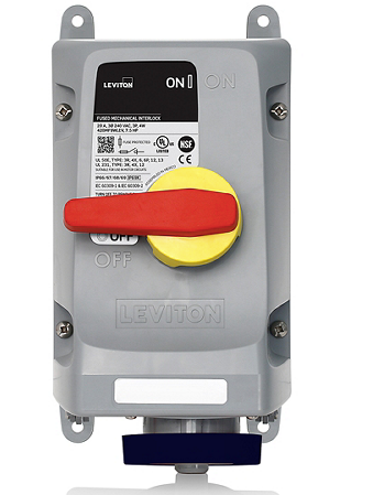 Leviton 420MF5WLEV LEV Series IEC Pin & Sleeve Mechanical Interlock, 20 Amp, 600 Volt 3-Phase, 3P, 4W, Black Finish