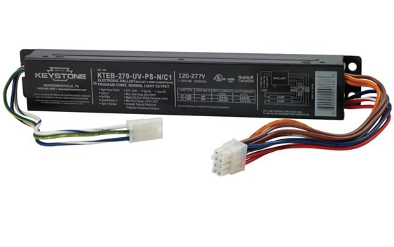 Keystone KTEB-270-UV-PS-N /C1-DP 2 Lamp, 120/277 volt, F70T8, High Power Factor, Program Start, Electronic, Molex Wire Connectors