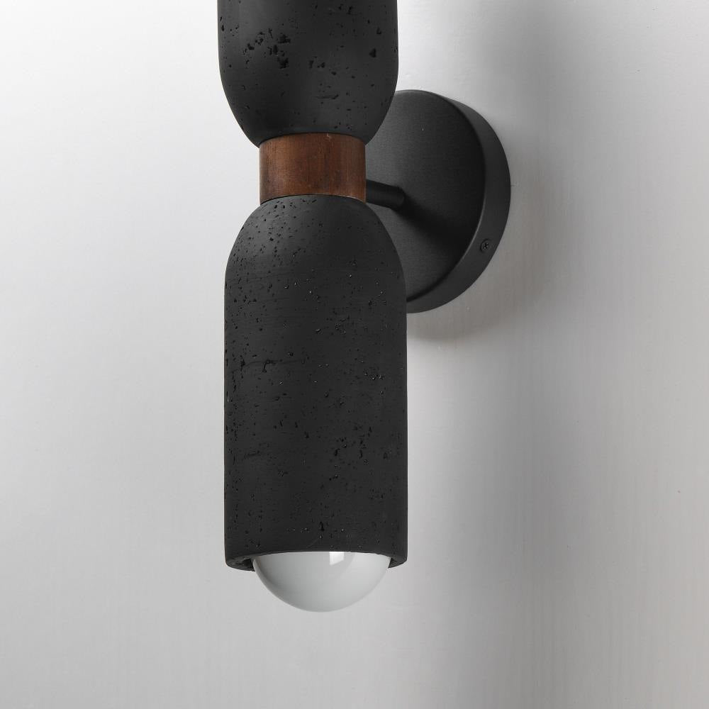 Maxim Lighting 10622LVBK Pompeii Wall Sconce Lava Black close-up detail of lava rock shade and walnut wood accent