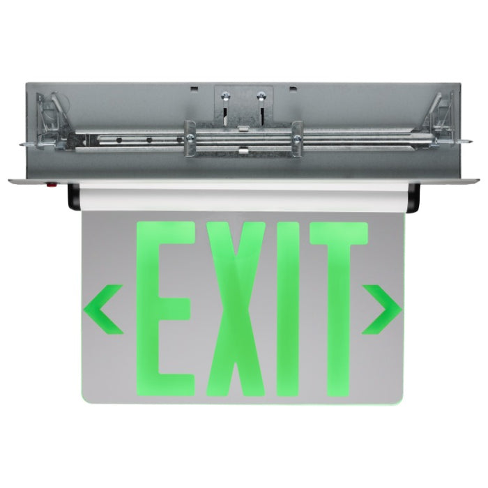Nuvo 67-115 Green (Mirror) Edge Lit LED Exit Sign, Dual Face, Voltage 120V/277V, Silver, Recessed Mount