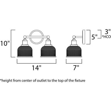 Maxim Lighting 11322CLPC Hollow 2 Light Bath Vanity Wall Light Dimensions Diagram