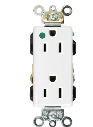 Leviton 16262-HGW Decora Plus 2-Pole 3-Wire Duplex Receptacle Outlet, Extra Heavy-Duty Hospital Grade, Smooth Face, 15A, 125V, Back or Side Wire, NEMA 5-15R, Self-Grounding, white