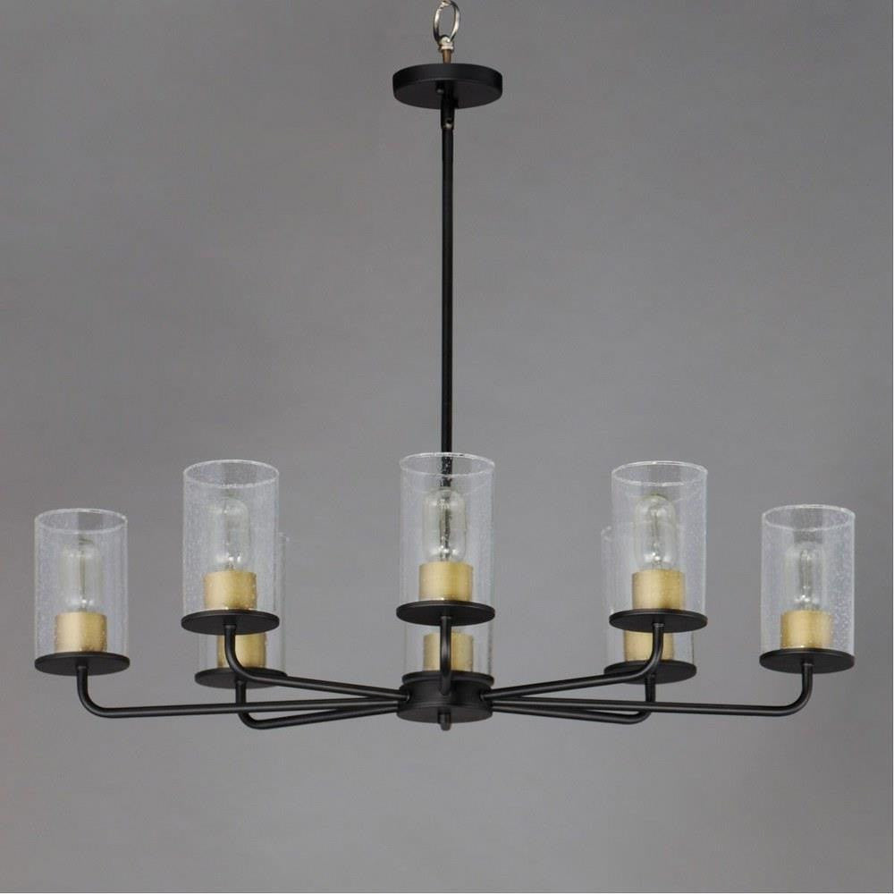 Maxim Lighting 11848CDSN Sleek 8 Light Chandelier in Black with Antiqued Brass socket covers and Clear Seeded glass cylinders - angled view