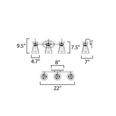 Maxim Lighting 12483CLPC Ava 3 Light Bath Vanity Wall Light Dimensions Diagram