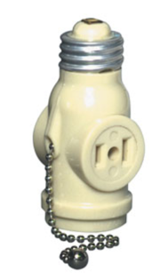 Leviton 1406-I Indoor 660W, 125V 2-pole, 2-wire Pull Chain Lamp holder w/ 2 Outlets Pull Chain Controls Lamp Socket Only, Ivory