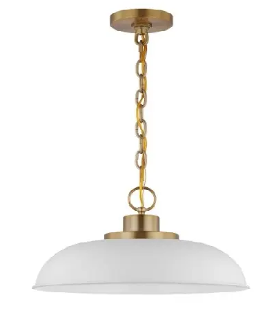 Nuvo 60-7480 Colony Pendant, 1 Light, Wattage 100W, Voltage 120V, White/Burnished Brass, Small