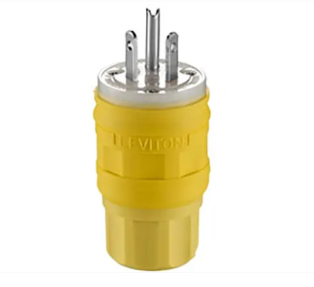 Leviton 14W34 Plug, Straight Blade, Industrial Grade, Grounding, Watertight, Yellow, Wetguard