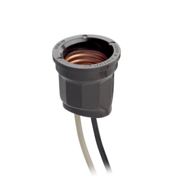 Leviton 157-X Incandescent lampholder, phenolic pan, medium base, 660W-250V, keyless; with left-hand screw shell; two 6 inch leads, one white and one red 14 AWG, AWM/TEW, 105C 600V, free end stripped 3/4 inch..
