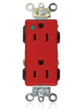 Leviton 16262-HGR Decora Plus 2-Pole 3-Wire Duplex Receptacle Outlet, Extra Heavy-Duty Hospital Grade, Smooth Face, 15A, 125V, Back or Side Wire, NEMA 5-15R, Self-Grounding, Red