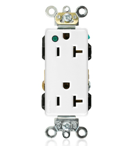 Leviton 16362-PLW Decora Plus Duplex Receptacle Outlet, Extra Heavy-Duty Hospital Grade, Power Indication, Smooth Face, 20 Amp, 125 Volt, Back or Side Wire, NEMA 5-20R, 2-Pole, 3-Wire, Self-Grounding - White
