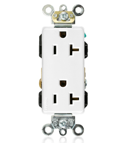 Leviton 16362-W Decora Plus Duplex Receptacle Outlet, Heavy-Duty Industrial Specification Grade, Smooth Face, 20 Amp, 125 Volt, Back or Side Wire, NEMA 5-20R, 2-Pole, 3-Wire, Self-Grounding - White