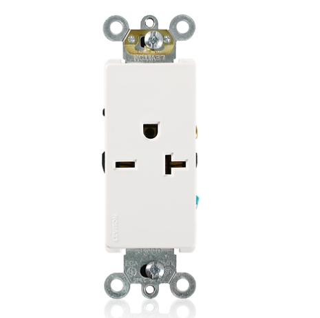 Leviton 16441-W Decora Plus Single Receptacle Outlet, Commercial Specification Grade, Smooth Face, 20 Amp, 250 Volt, Side Wire, NEMA 6-20R, 2-Pole, 3-Wire, Self-Grounding - White