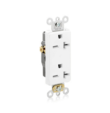 Leviton 16462-W Decora Plus Duplex Receptacle Outlet, Commercial Specification Grade, Smooth Face, 20 Amp, 250 Volt, Back or Side Wire, NEMA 6-20R, 2-Pole, 3-Wire, Self-Grounding - White