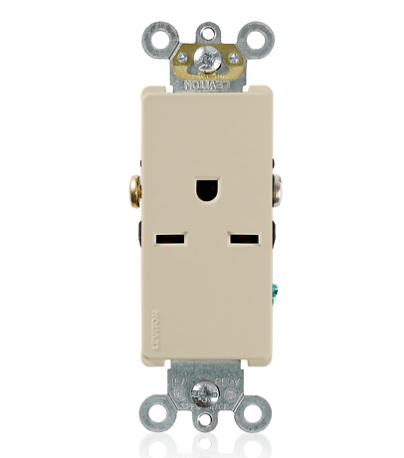 Leviton 16651-I Decora Plus Single Receptacle Outlet, Commercial Specification Grade, Smooth Face, 15 Amp, 250 Volt, Back or Side Wire, NEMA 6-15R, 2-Pole, 3-Wire, Self-Grounding - Ivory