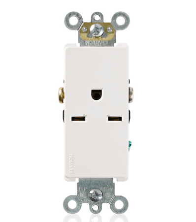Leviton 16651-W Decora Plus Single Receptacle Outlet, Commercial Specification Grade, Smooth Face, 15 Amp, 250 Volt, Back or Side Wire, NEMA 6-15R, 2-Pole, 3-Wire, Self-Grounding - White
