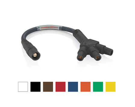 Leviton 16A33-UB 16 Series Taper Nose Cam-Type "Soft" 3-Fer Adapter, 4/0, Male-Female-Female-Female, 24" Cable Length, 400 Amp Max, 600VAC/DC, Blue Leviton’s Rhino-Hide Single Pole Cam-Type Connectors supply temporary electrical power
