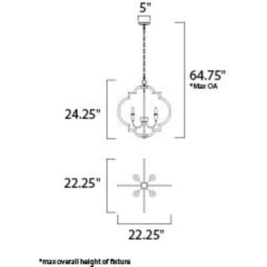 Maxim Lighting 20293OIAB Crest Chandelier Dimensions Diagram - 22.25 inch Width, 24.25 inch Height, 64.75 inch Max Overall