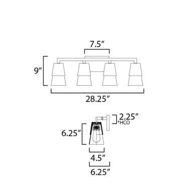Maxim Lighting 21624CLWNBK Carpenter 4 Light Walnut/Black Bath Vanity Wall Light - Dimensions Diagram