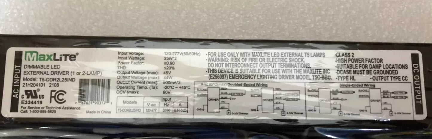 Maxlite T5-DDR2L25IND Dimmable LED T5 External Driver (1 Or 2-Lamp) For L25T5EX4XX-CG
