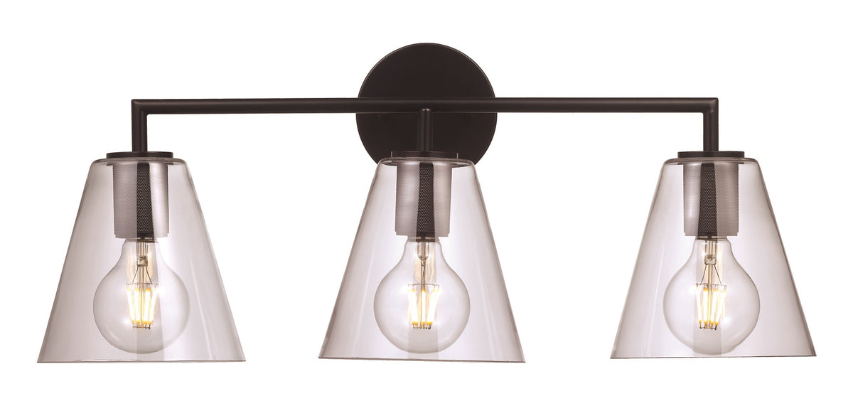 Trans Globe Lighting 22243 BK Kennedy 3 light black bath vanity wall light with clear glass shades