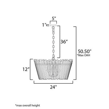 Maxim Lighting 22424WWTBZ Baywood 4 Light 24 inch Weathered White Textured Bronze Chandelier Ceiling Light - dimension diagram showing 24 inch width, 12 inch height, 36 inch chain, 50.50 inch max OAH