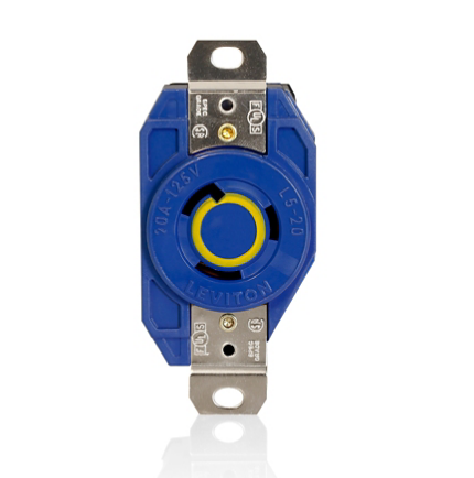 Leviton 2310-BU 20 Amp, 125 Volt, NEMA L5-20R, 2P, 3W, Flush Mtg Locking Receptacle, Industrial Grade, Grounding, V-0-MAX - BLUE