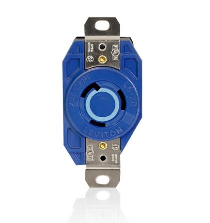 Leviton 2320-BU 20 Amp, 250 Volt, NEMA L6-20R, 2P, 3W, Flush Mtg Locking Receptacle, Industrial Grade, Grounding, V-0-MAX - BLUE