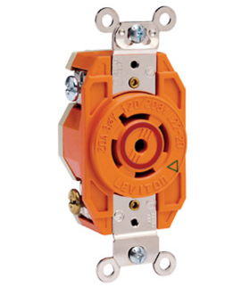 Leviton 2520-IG 20A, 277/480V 3-Phase Y, NEMA L22-20R, 4P, 5W, Flush Mtg Locking Receptacle, Isolated Ground, V-0-MAX, Orange