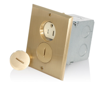 Leviton 25249-TFB 1-Gang Floor Box Receptacle, 15A 125V 2P 3W Tamper Proof, Straight Blade, Brass Plate (Ivory)