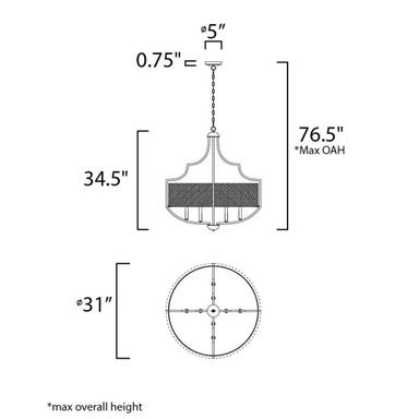 Maxim Lighting 25285WLBZAB Savant 8 Light Chandelier dimensions diagram - 31 inch diameter, 34.5 inch height, 76.5 inch max overall height