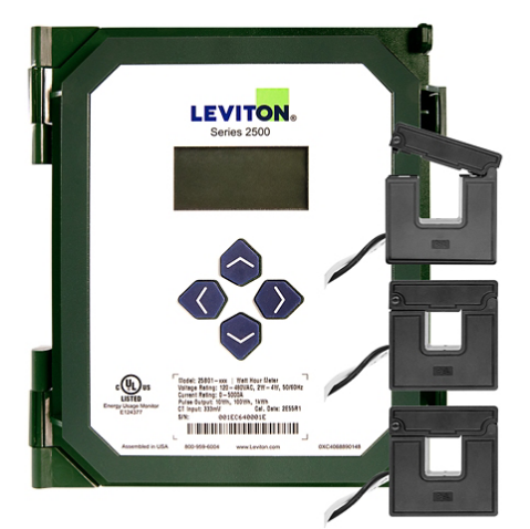 Leviton 25B01-S04 Submeter, 120/208V or 277/480V, 3-Phase Programmable, Pulse/Modbus with (3) 400A Split Core CTs