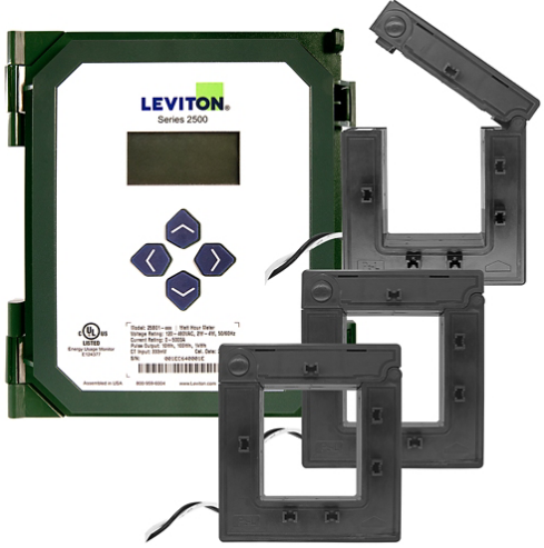 Leviton 25B01-S08 Submeter, 120/208V or 277/480V, 3-Phase Programmable, Pulse/Modbus with (3) 800A Split Core CTs