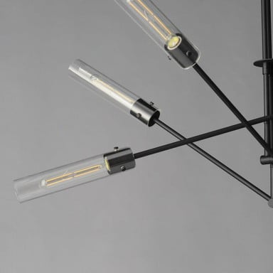 Maxim Lighting 26376CLBK Equilibrium - Close-Up of Multiple Arms with Clear Glass Shades and LED Tubular Bulbs