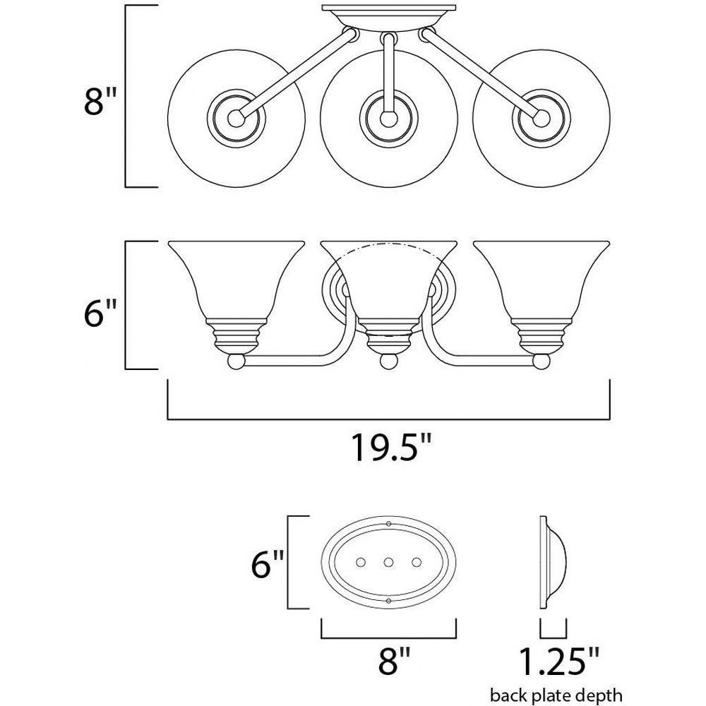 Maxim Lighting 2688MROI Malaga 3 Light Bath Vanity Wall Light Dimension Diagram 19.5 Inch Wide 6 Inch High