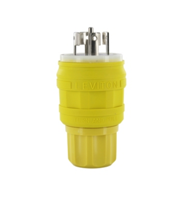 Leviton 26W10 20A-250V/ 10A-600V, Non-NEMA, 4P, 5W, Plug, Locking Blade, Industrial Grade, Non-Grounding, Wetguard - YELLOW