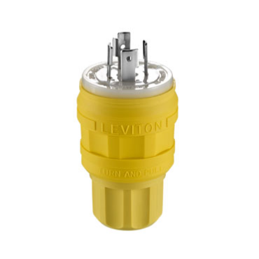 Leviton 26W76 20 Amp, 250 Volt 3-Phase, NEMA L15-20P, 3P, 4W, Locking Plug, Industrial Grade, Grounding, Wetguard - Yellow