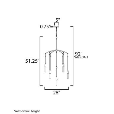 Maxim Lighting 27718AR Pioneer 7 Light Chandelier - Dimension Diagram showing 28" Width, 51.25" Height, 92" Max OAH