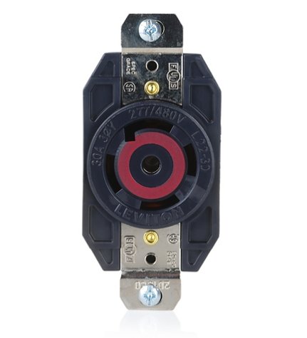 Leviton 2820 30 Amp, 277/480 Volt 3-Phase Y, NEMA L22-30R, 4P, 5W, Flush Mtg Locking Receptacle, Industrial Grade, Grounding - BLACK