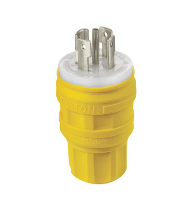 Leviton 28W82 30 Amp, 277/480 Volt 3-Phase Y, NEMA L22-30P, 4P, 5W, Locking Plug, Industrial Grade, Grounding, Wetguard - YELLOW