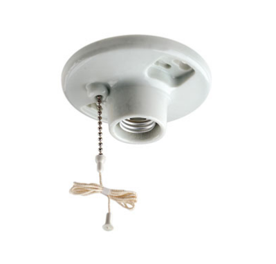 Leviton 29816-C 660W/250V Medium Base One-Piece Glazed Porcelain Outlet Box Mount Incandescent Lampholder, Pull Chain, Single Circuit, Top Wired - White