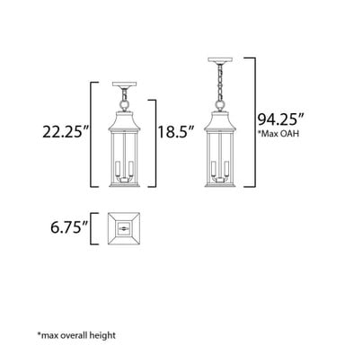 Maxim Lighting 30029CLBK Vicksburg 2 Light Black Outdoor Hanging Lantern - Dimensions Diagram