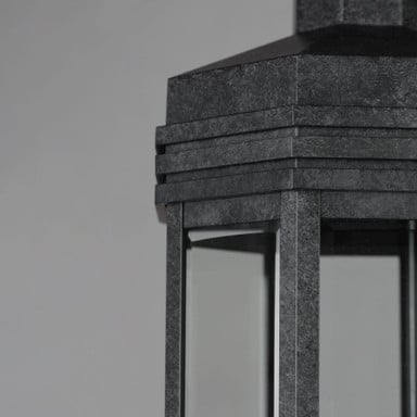 Maxim Lighting 30220CLBKP Wright Outdoor Post Mount close-up detail of tiered hood and hexagonal frame in Black Patina