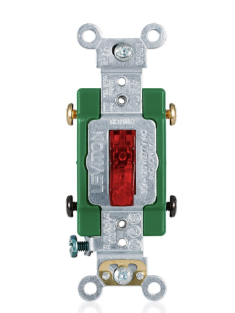 Leviton 3032-PLR 30A, 120V Toggle Pilot Light, Illuminated On, Double-pole AC Quiet Switch, Extra Heavy Duty Spec Grade, Self Grounding, Back & Side Wired, Red Finish