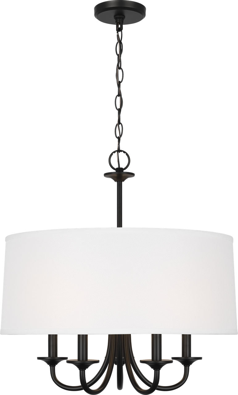 Generation Lighting Seville 5 light midnight black chandelier ceiling light with white linen shade