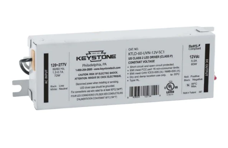 Keystone KTLD-60-UVN-12V-SC1 12VDC Constant Voltage LED Driver, Class 2, Wattage 60W, Voltage 120-277V Input, Slim Case