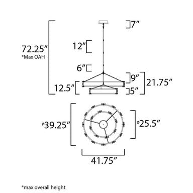 Dimension diagram for Maxim Lighting 39538CYBKGL Radiant Chandelier showing 41.75 inch width and 72.25 inch max overall height