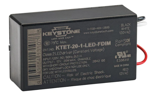 Keystone KTET-20-1-LED-FDIM 20W Low Voltage Transformer LED, Specific 12V Output, Class 2 Phase, Dimmable