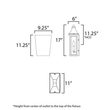 Maxim Lighting 40231CLBK Sutton Place Vx Outdoor Wall Lantern dimension diagram showing 17 inch height and 11.25 inch width