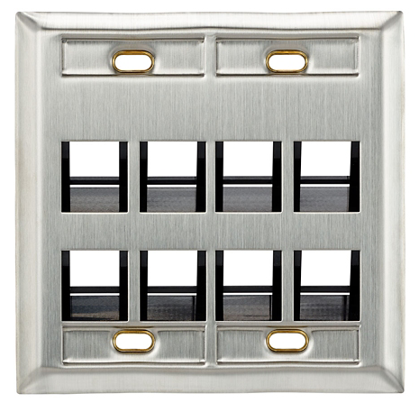 Leviton 43081-2L8 Angled Stainless Steel QUICKPORT Wallplate, Dual-Gang, 8-Port, with ID Windows