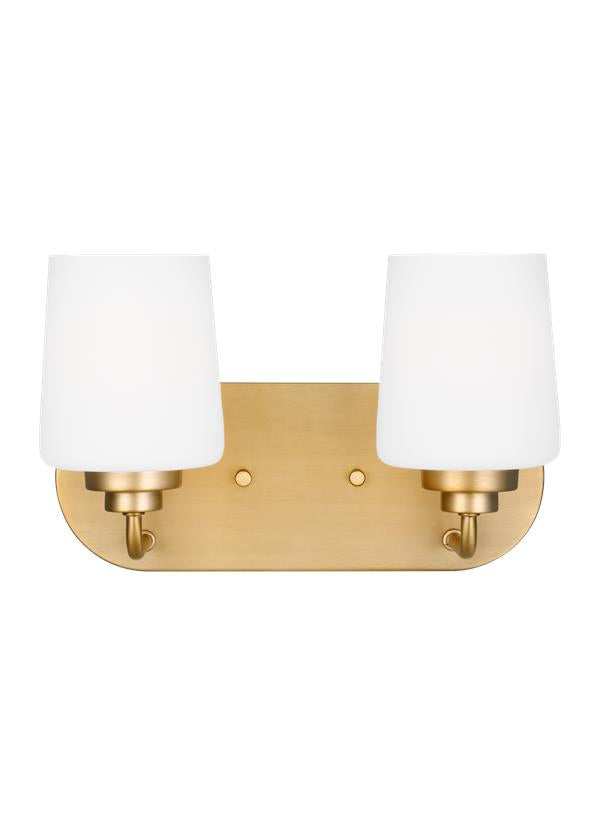 Generation Lighting Windom 2 light satin brass bath vanity wall light with white glass shades